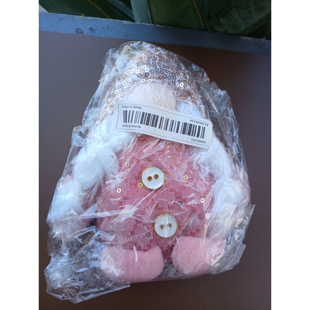 Pink Plush Holiday Gnome Gold Sequin Hat White Beard Decorative Figurine 7"